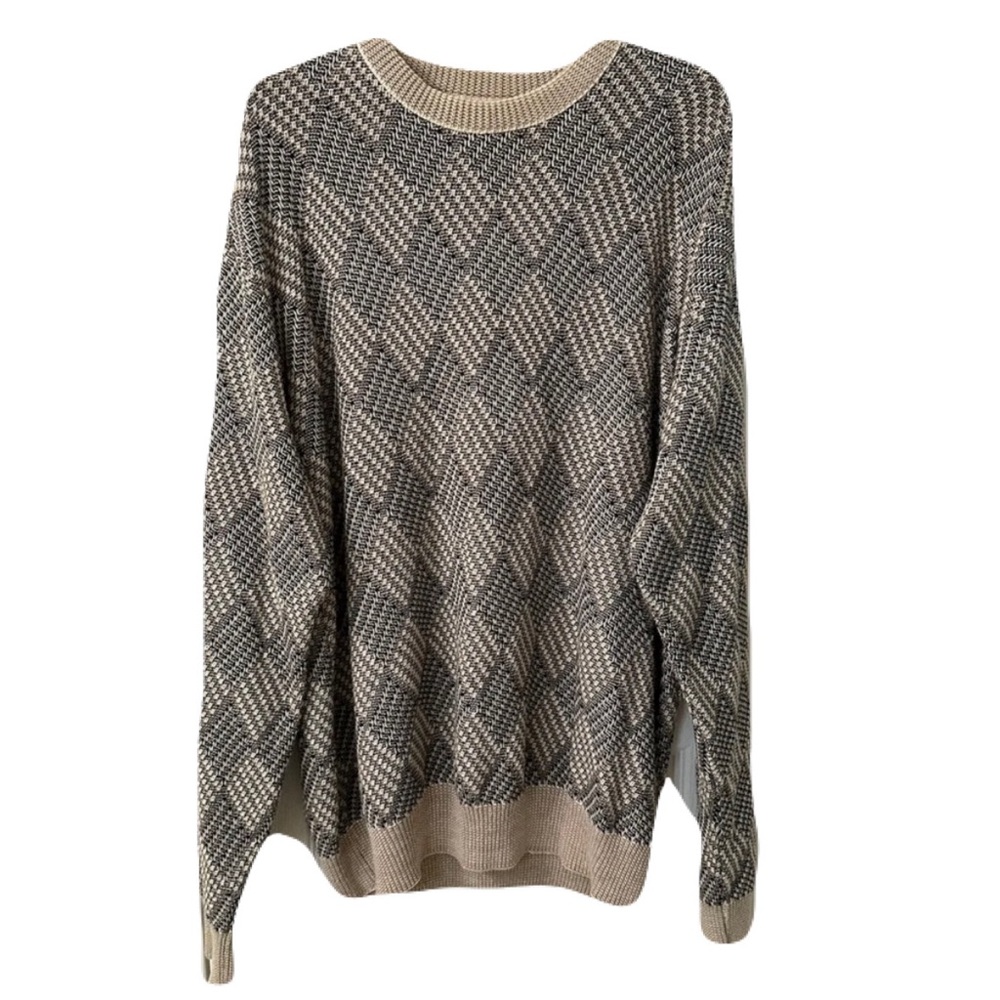 Vintage 1990s Salmon River Mens XLT Grandpa Sweater Tan & Black Harlequin Knit